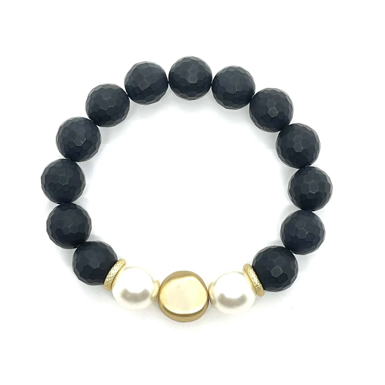 Onyx And Glass Pearl Matte Gold Nugget Stretch Bracelet