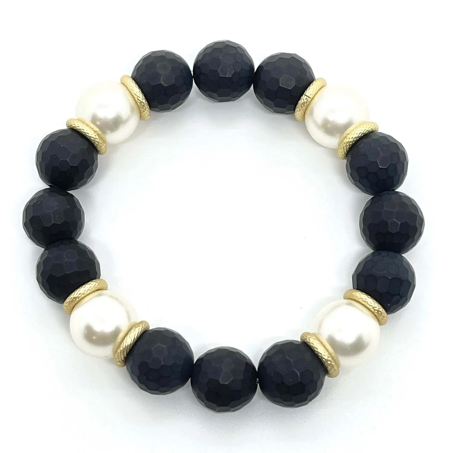 Onyx And Glass Pearl Matte Gold Nugget Stretch Bracelet