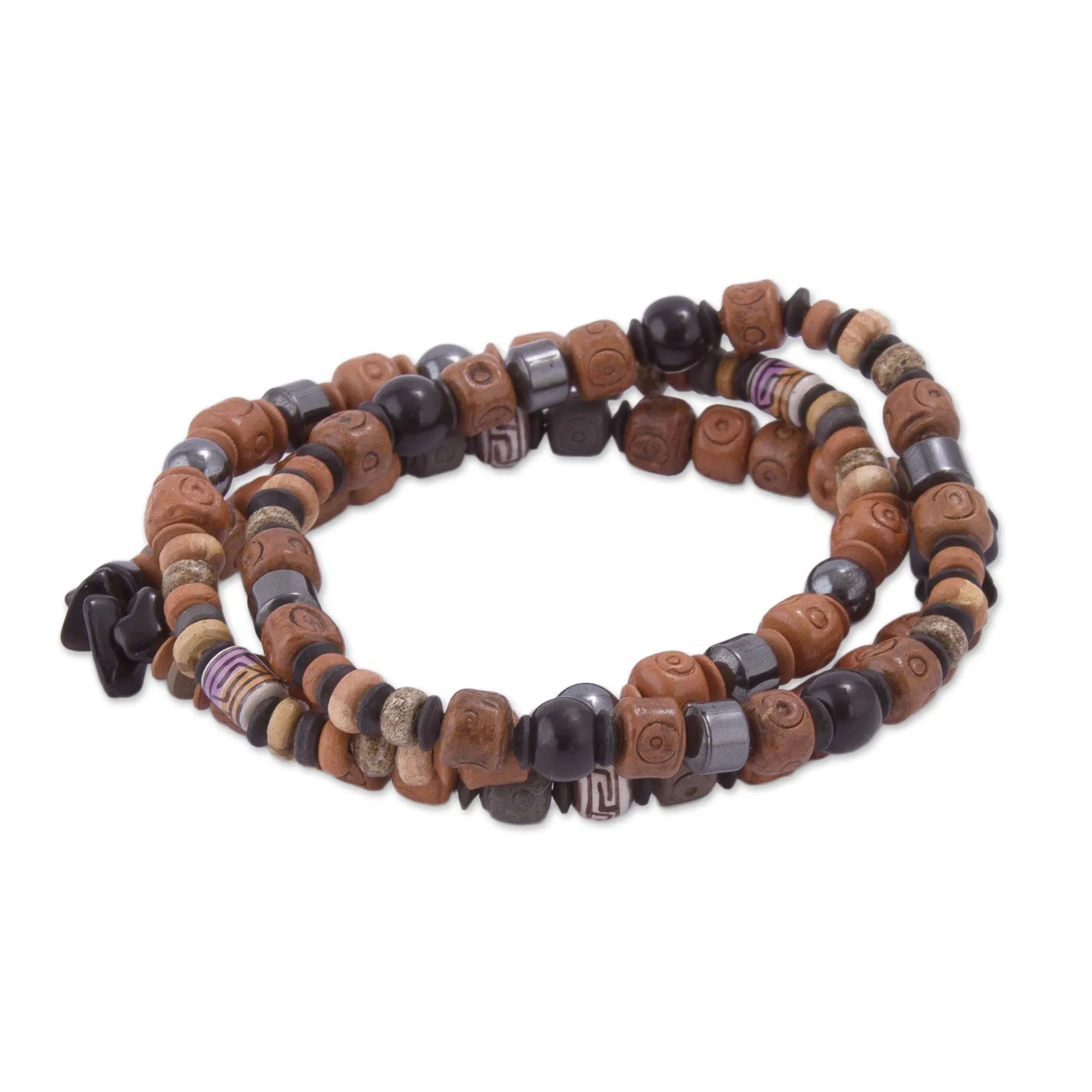 Onyx and Hematite Ceramic Beaded Stretch Bracelet from Peru - Andean Spirit | NOVICA