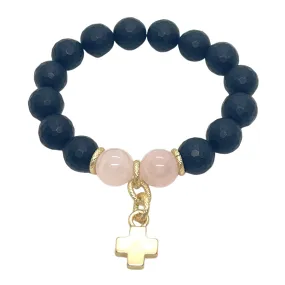 Onyx And Rose Quartz With Matte Gold Cross Stretch Bracelet