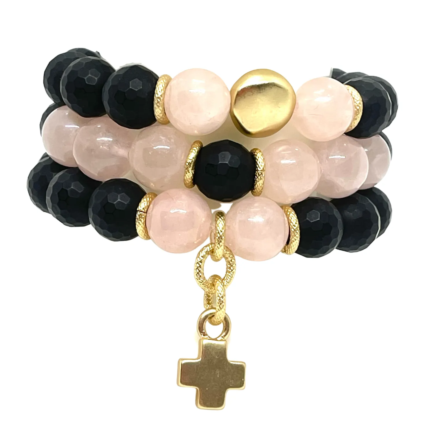 Onyx And Rose Quartz With Matte Gold Cross Stretch Bracelet