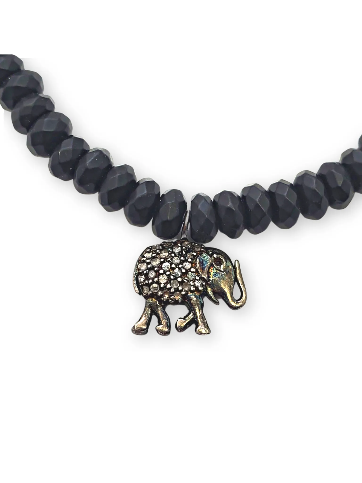 Onyx Bead & Diamond Elephant Charm Bracelet