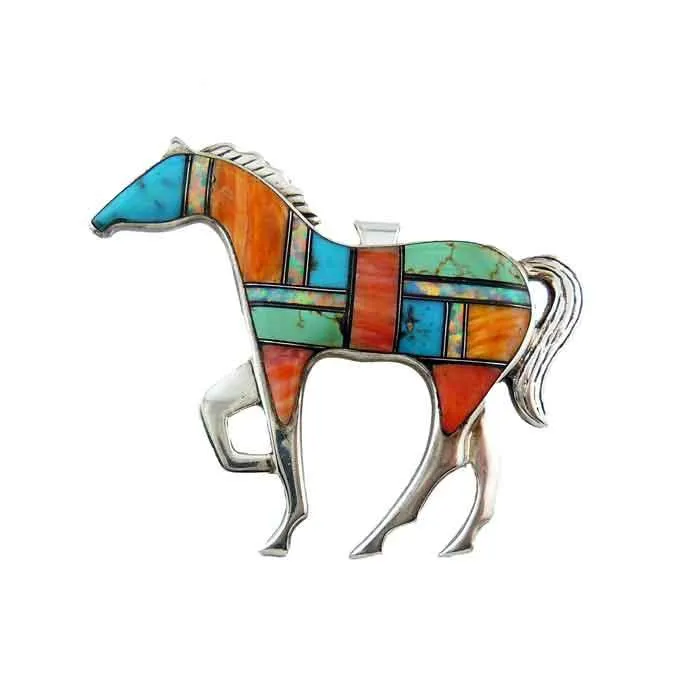 Orange and Turquoise Inlay Horse Pendant Pin