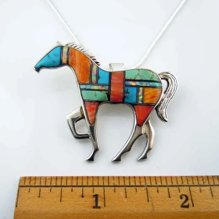 Orange and Turquoise Inlay Horse Pendant Pin