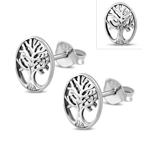 Oval Celtic Tree of Life Silver Stud Earrings