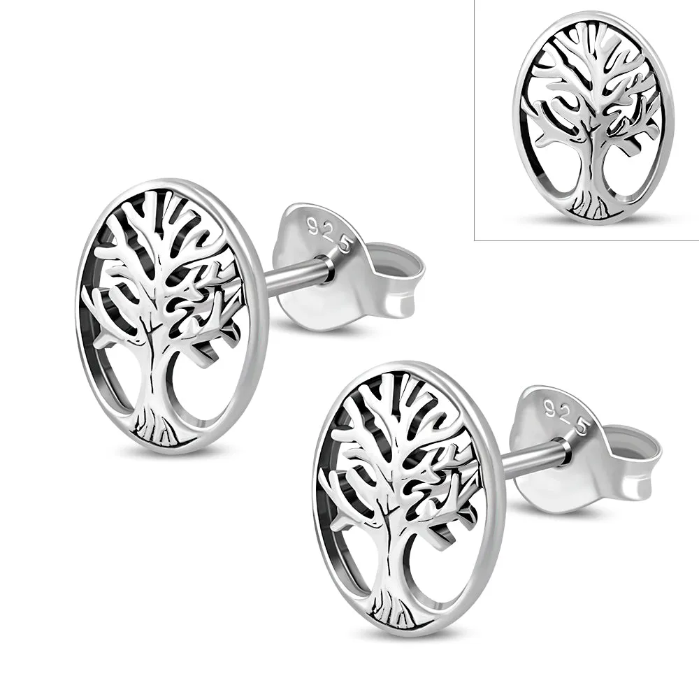 Oval Celtic Tree of Life Silver Stud Earrings