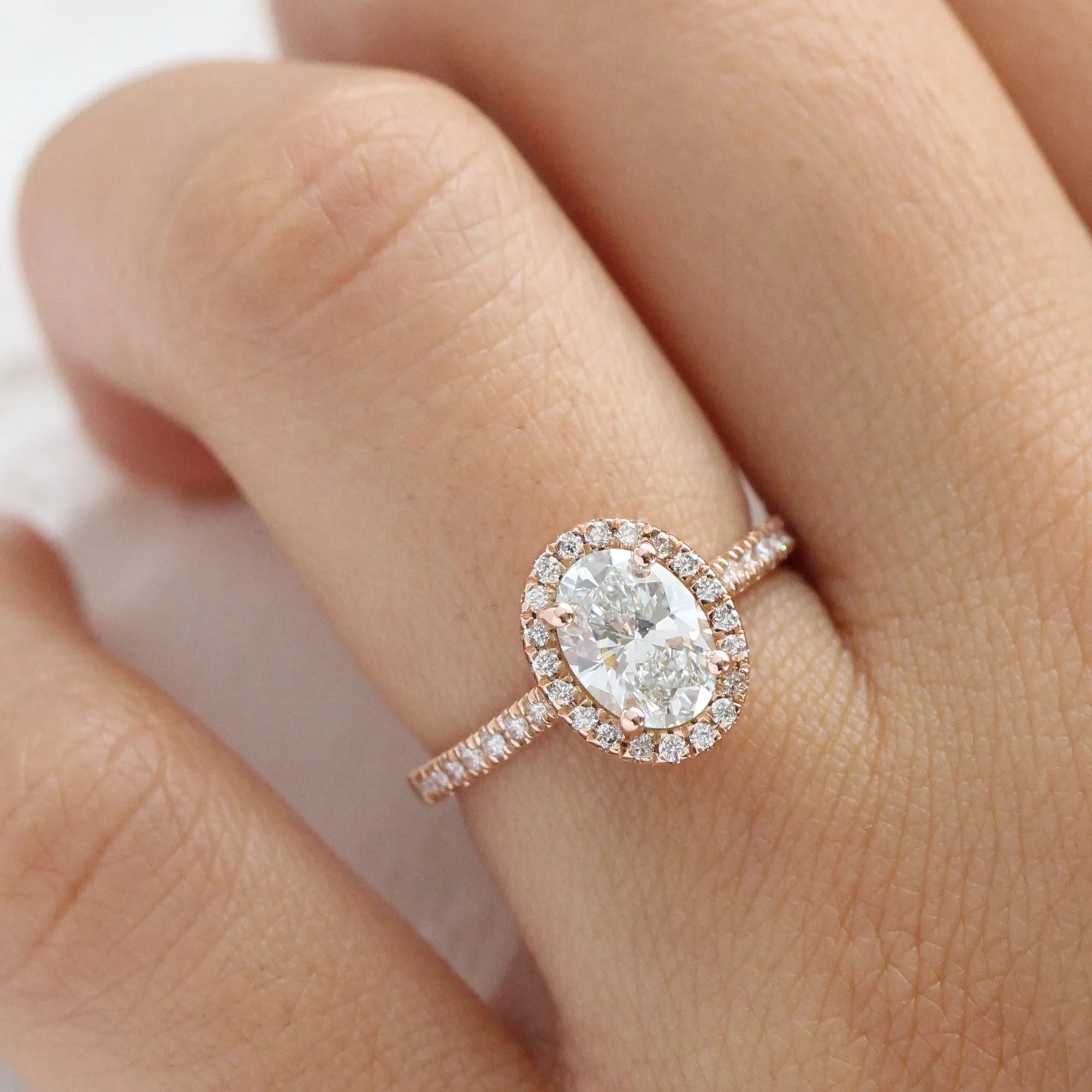 Oval Lab Diamond Ring Pave Band w/ Natural Diamonds in Luna Halo Ring