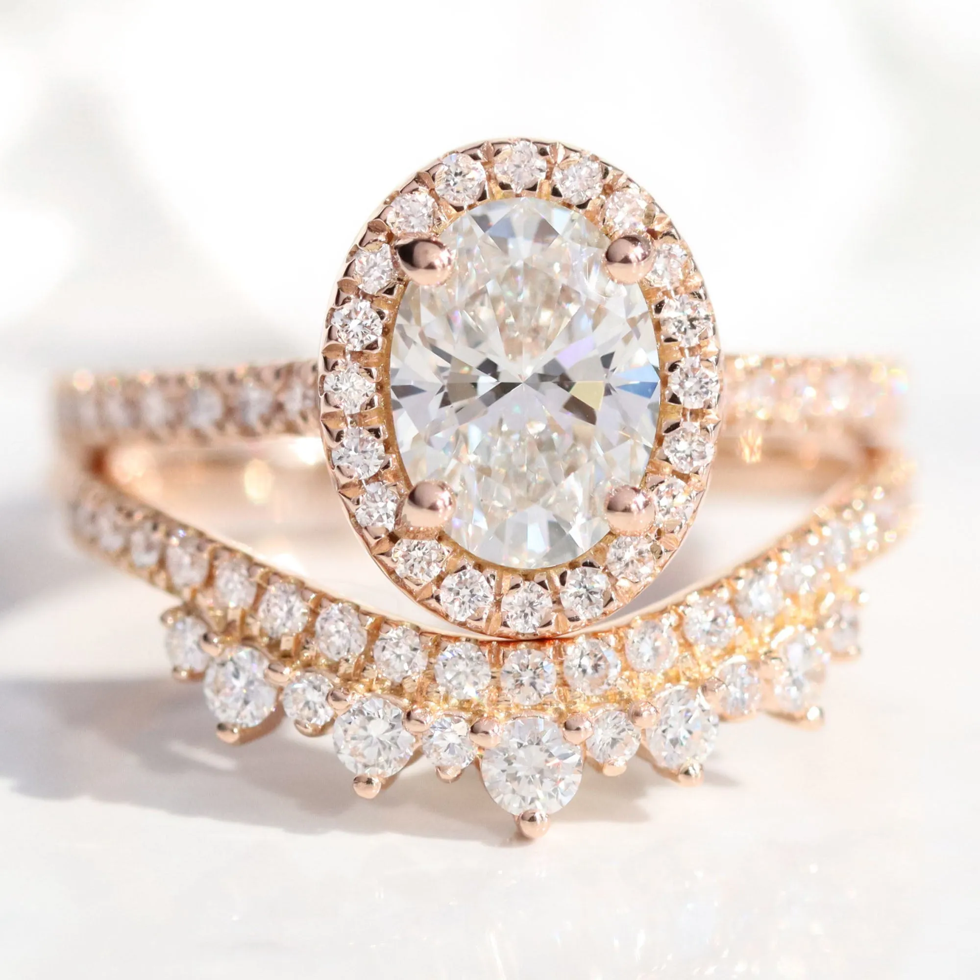 Oval Lab Diamond Ring Pave Band w/ Natural Diamonds in Luna Halo Ring