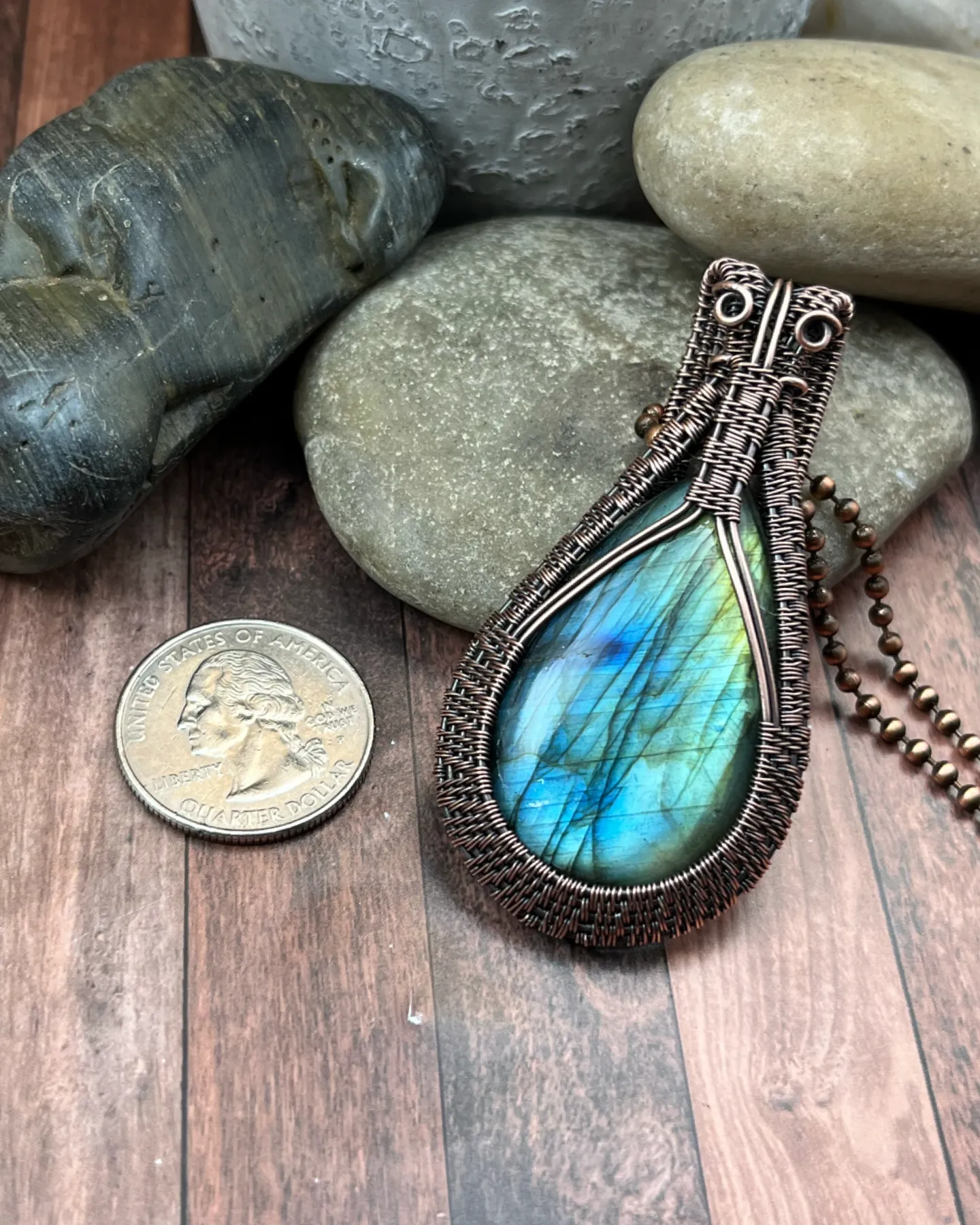 Oxidized Copper Wire Woven Labradorite Pendant