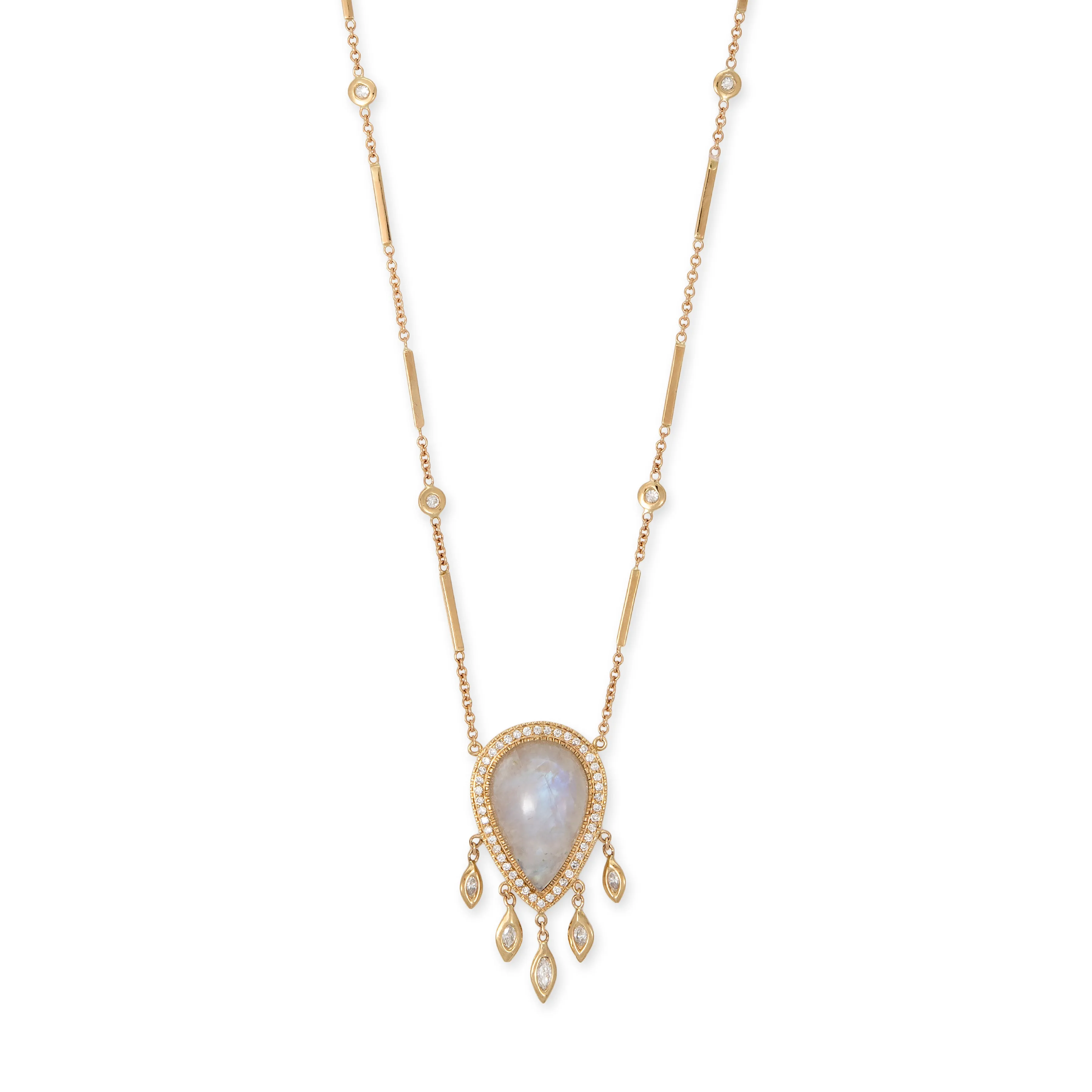 PAVE MOONSTONE  TEARDROP   5 MARQUISE DIAMOND SHAKER SMOOTH BAR NECKLACE