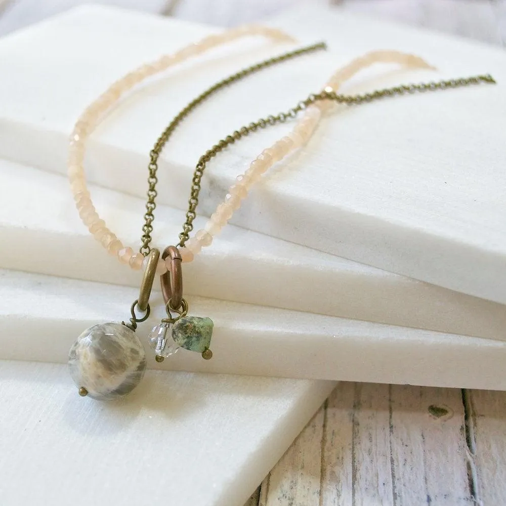 Peach & Gray Moonstone with Turquoise, Crystal Necklace