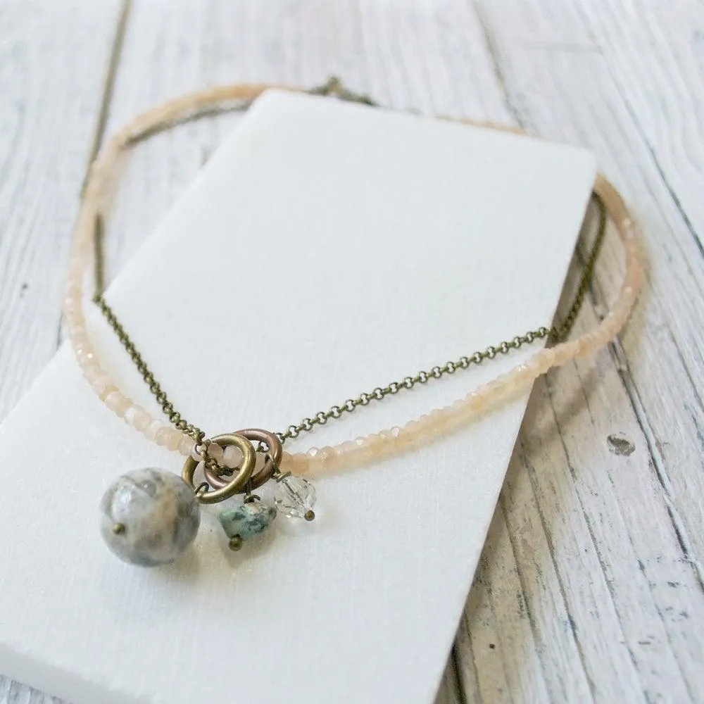 Peach & Gray Moonstone with Turquoise, Crystal Necklace