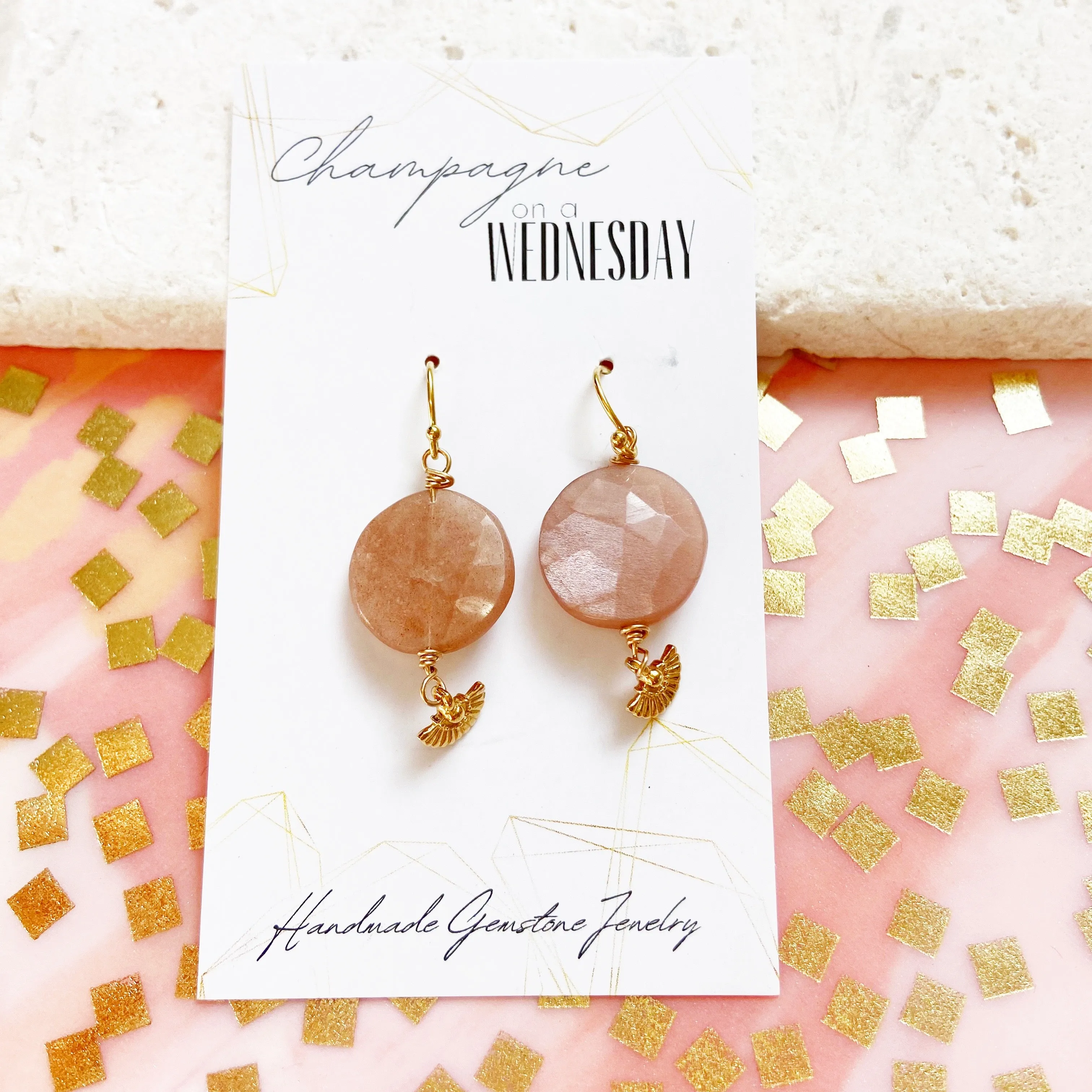 Peach moonstone round earring