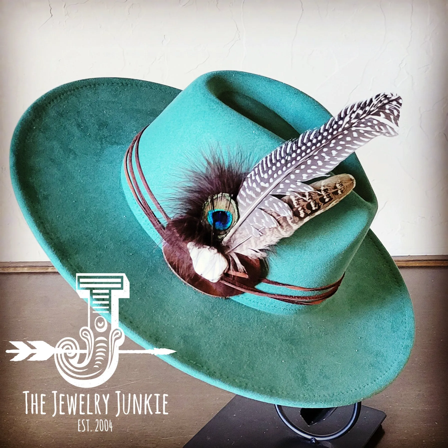 Peacock Guinea Feather & Turquoise Slab Hat Band   Choice of Hat 985w