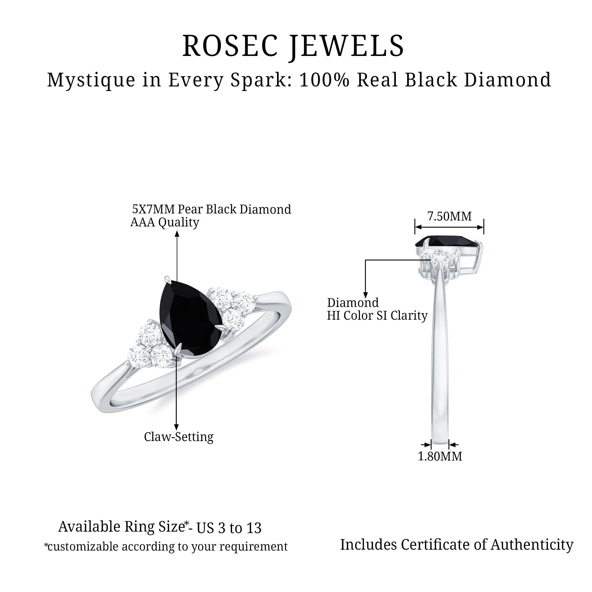 Pear Shaped Black Diamond and Diamond Solitaire Trio Ring