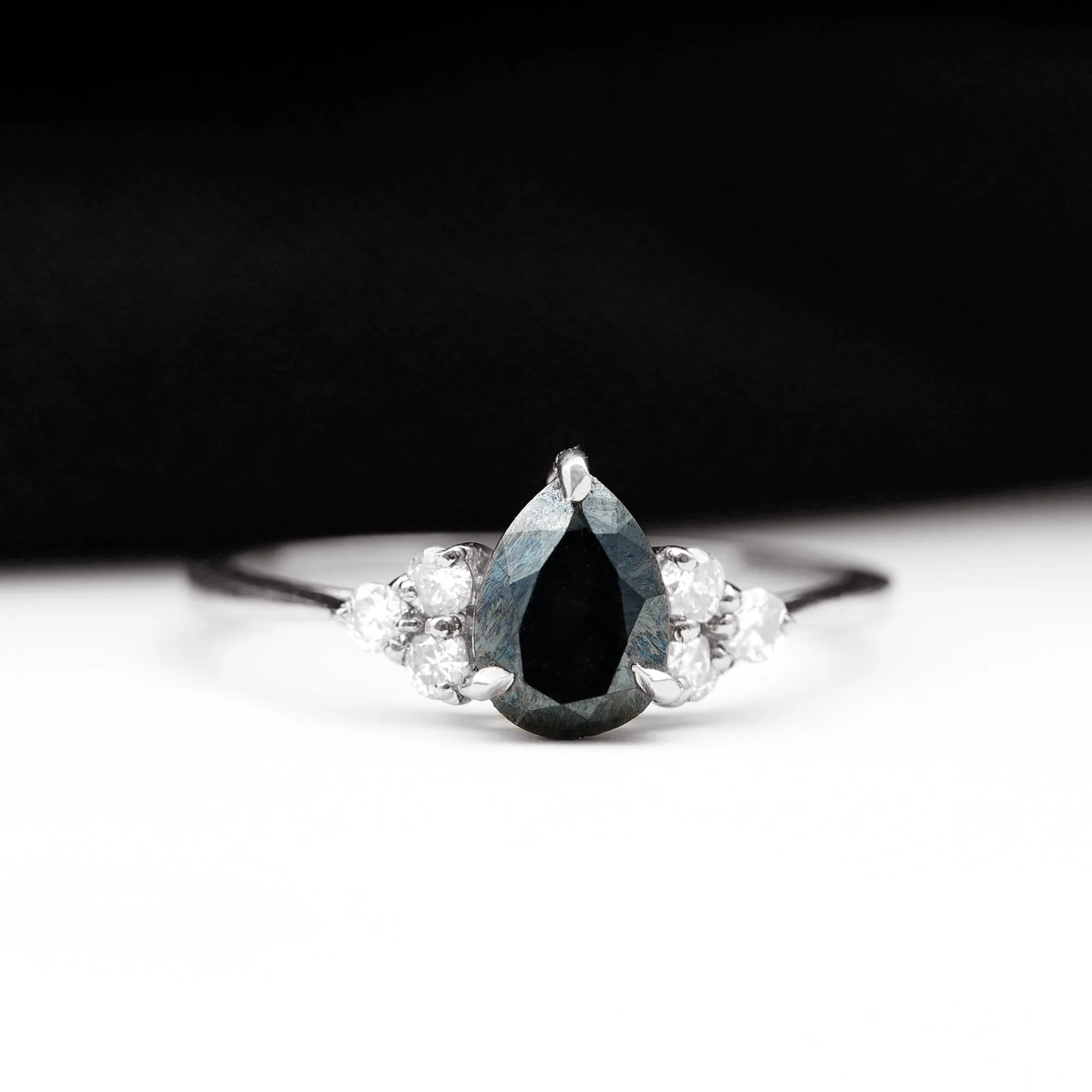 Pear Shaped Black Diamond and Diamond Solitaire Trio Ring