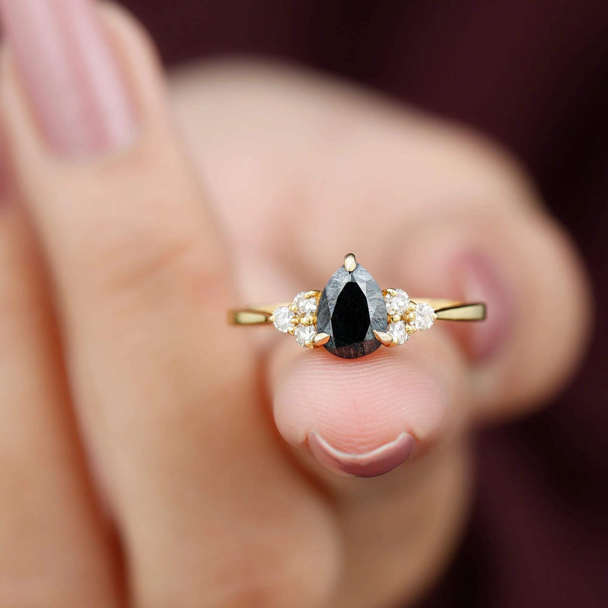 Pear Shaped Black Diamond and Diamond Solitaire Trio Ring