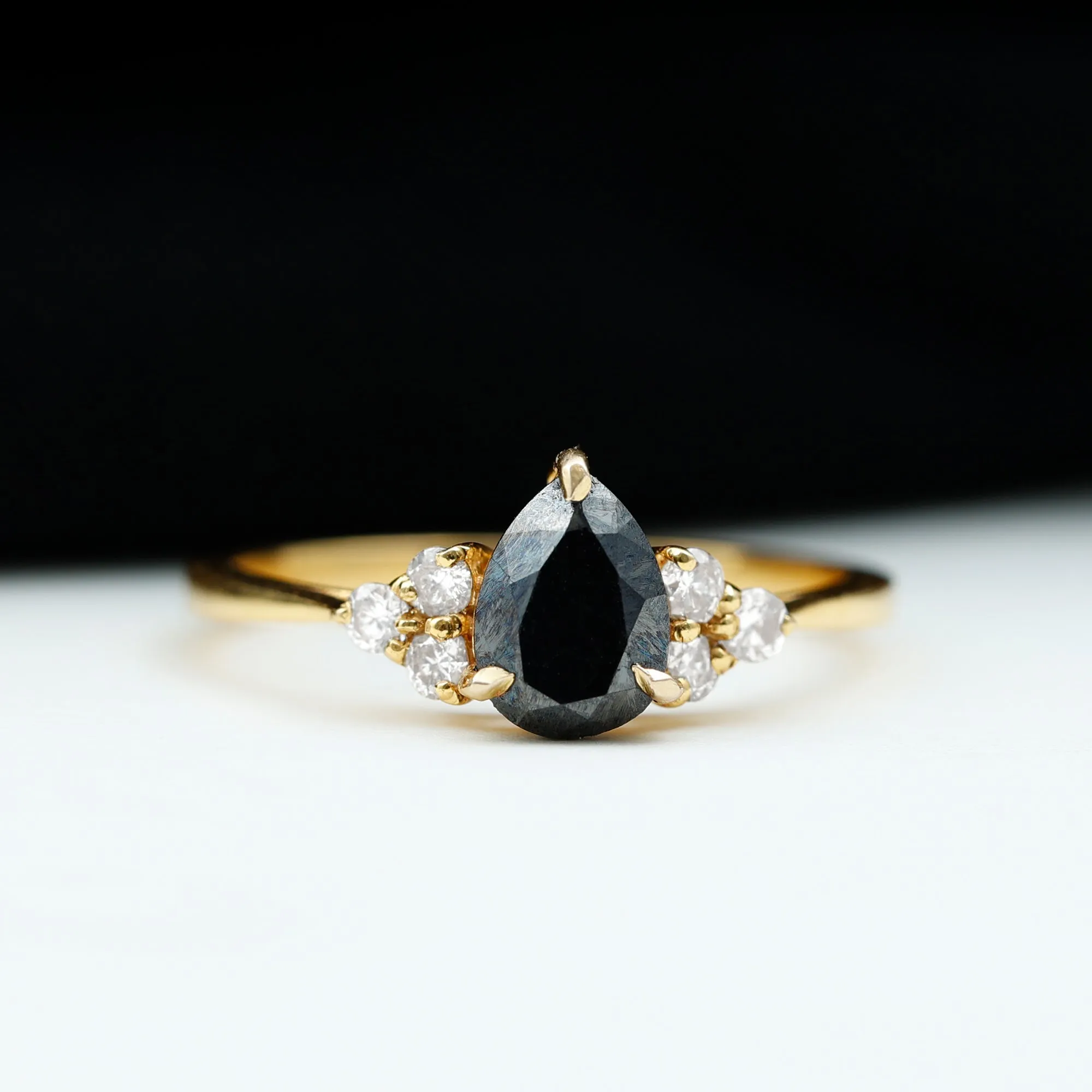 Pear Shaped Black Diamond and Diamond Solitaire Trio Ring