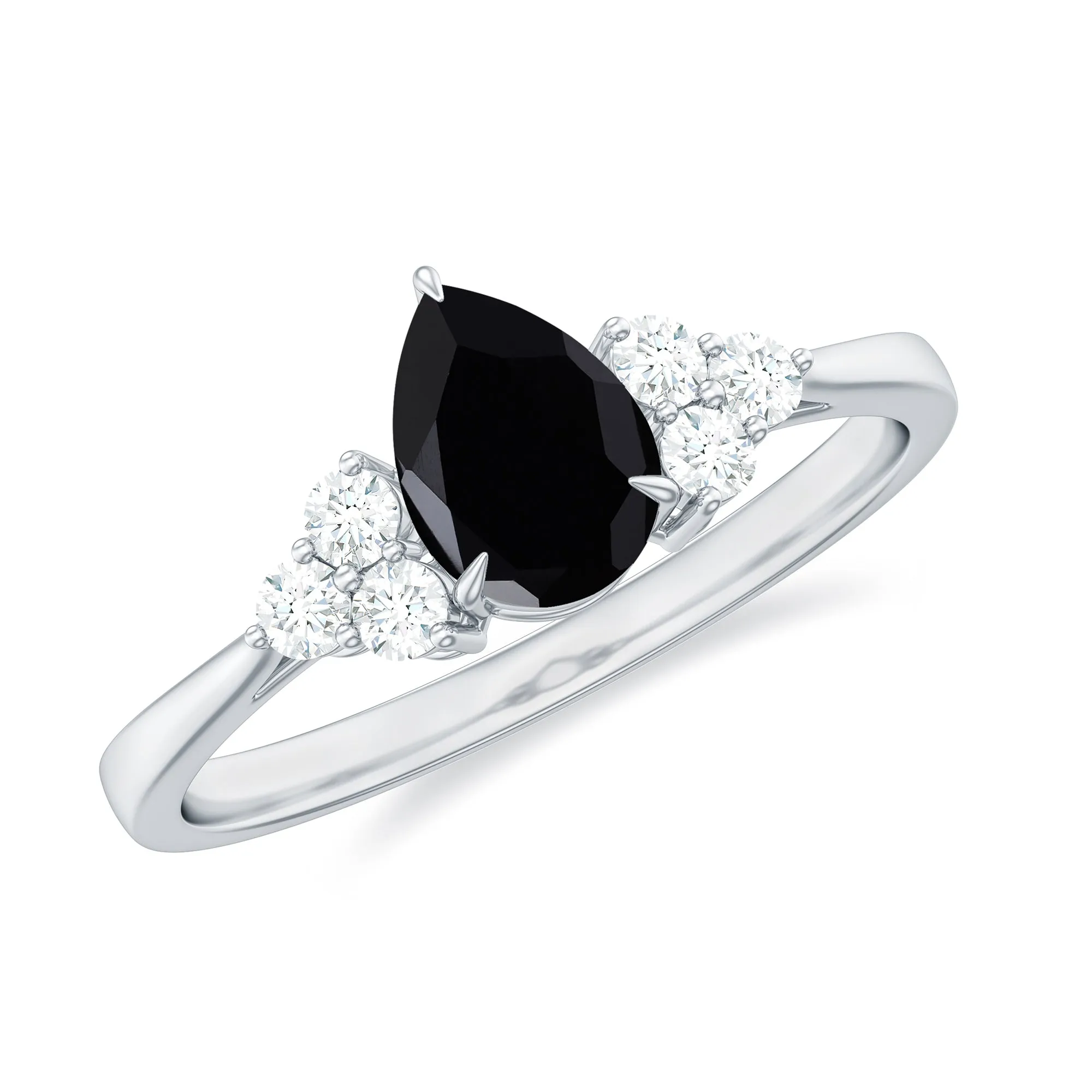 Pear Shaped Black Diamond and Diamond Solitaire Trio Ring