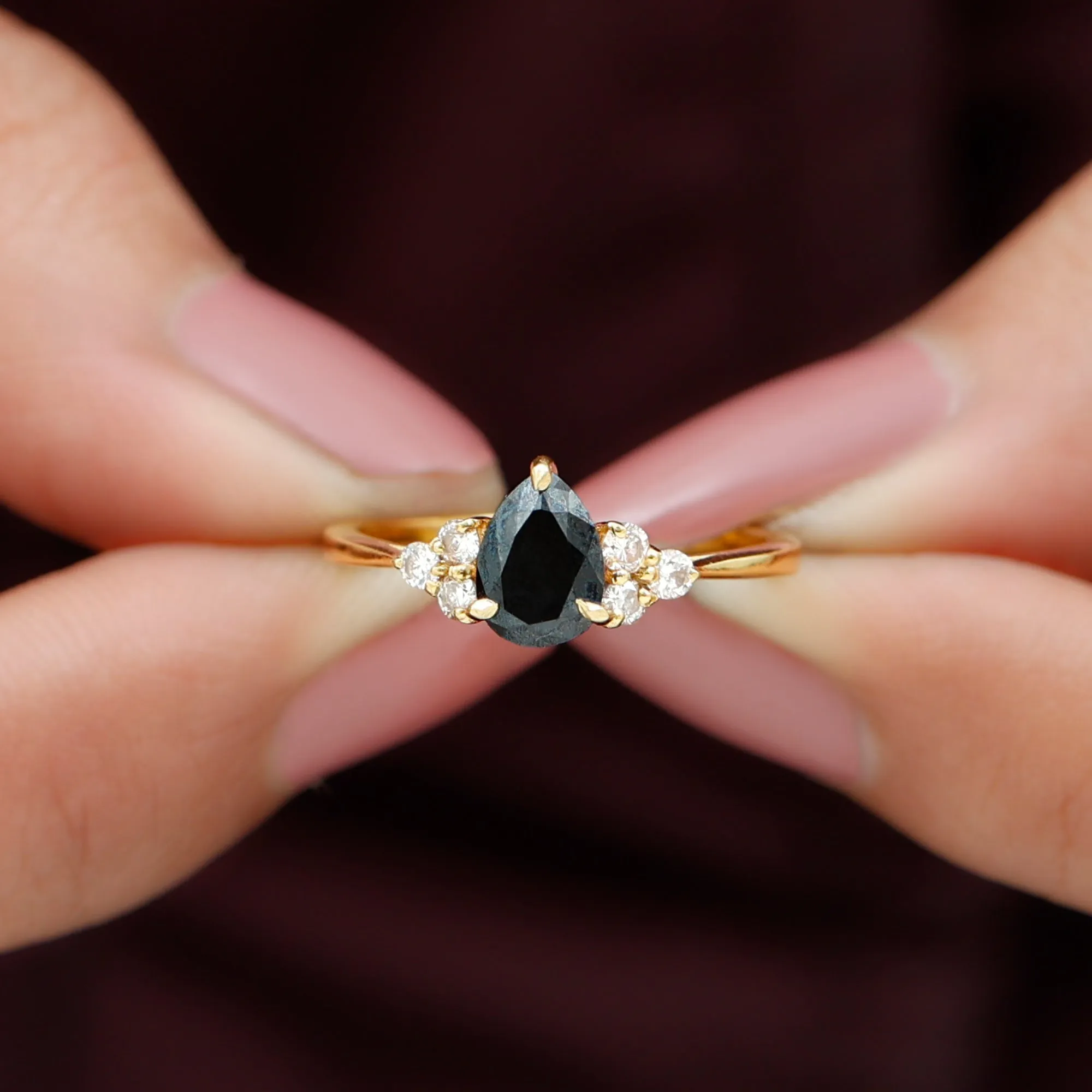 Pear Shaped Black Diamond and Diamond Solitaire Trio Ring