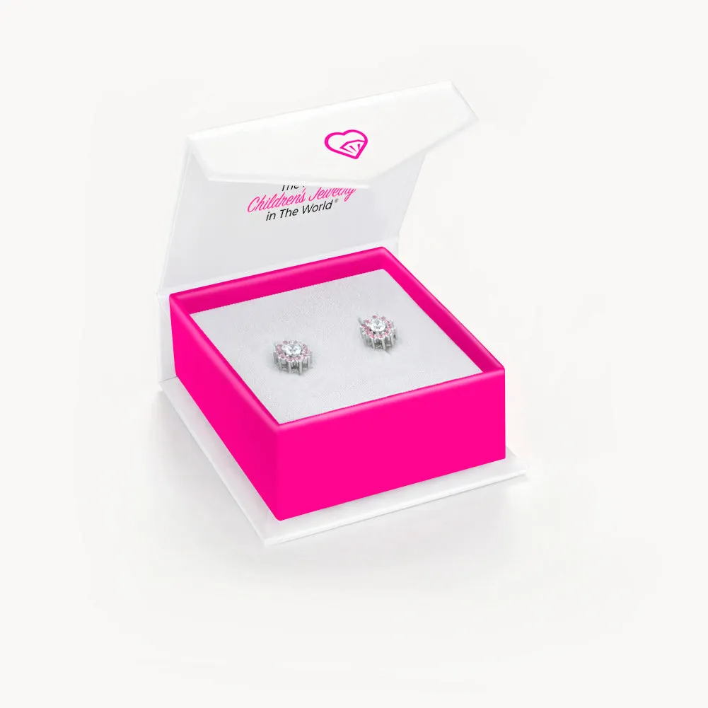 Pink & Clear CZ Flower Kids / Children's / Girls Earrings Screw Back - Sterling Silver