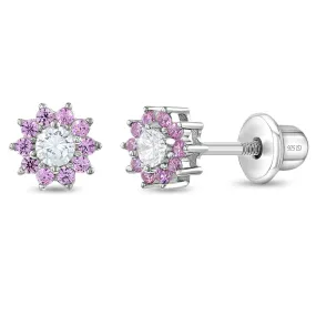 Pink & Clear CZ Flower Kids / Children's / Girls Earrings Screw Back - Sterling Silver