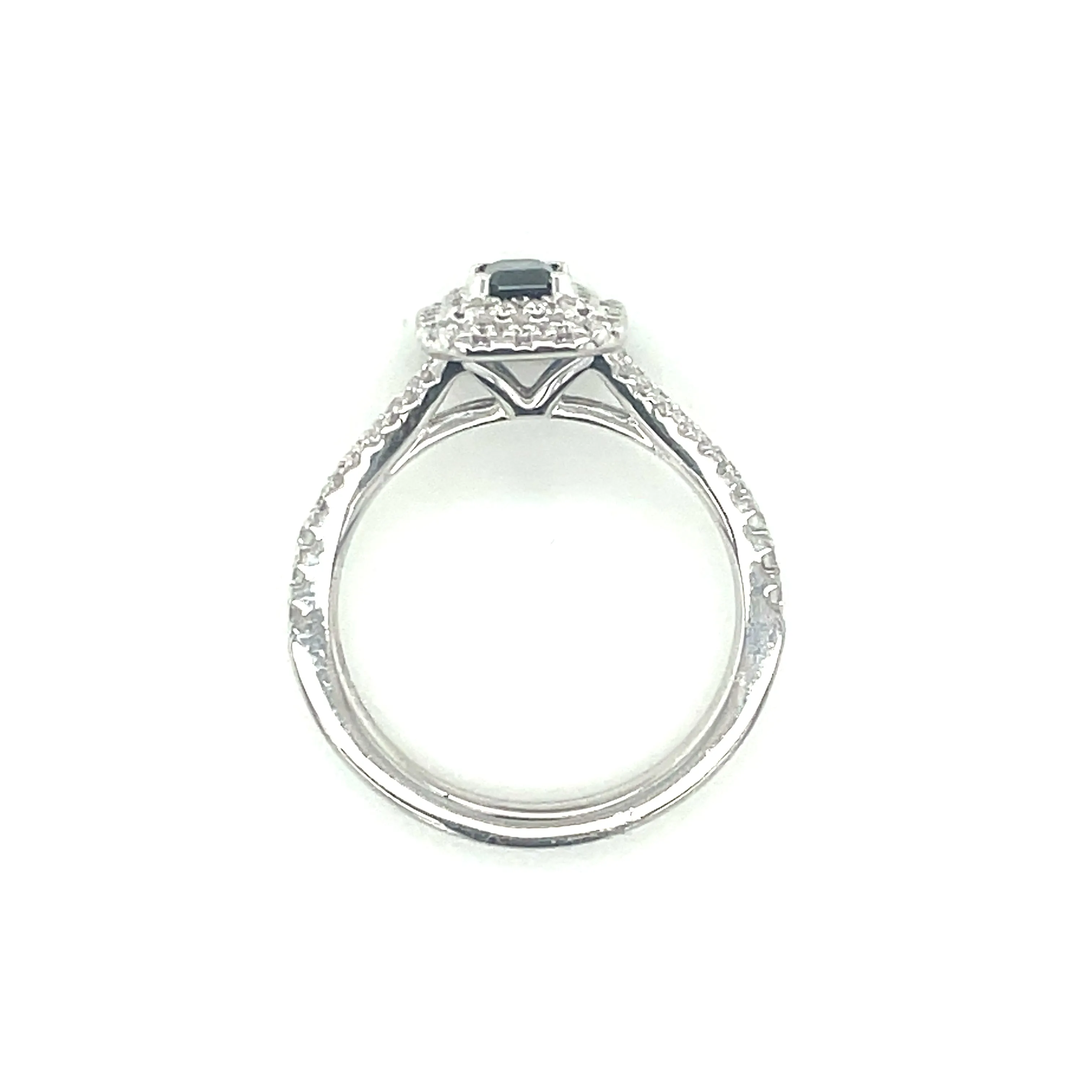 Platinum Emerald Cut 0.75ct Sapphire Double Diamond Halo Ring with Split Shank Shoulders