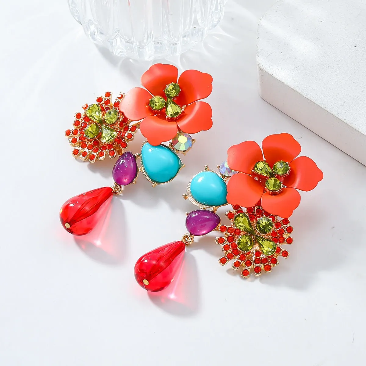 Pre Order:  Resin Flower Diamond Studded Retro Earrings