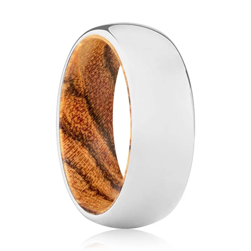 PURITY | Bocote Wood, Silver Tungsten Ring, Shiny, Domed