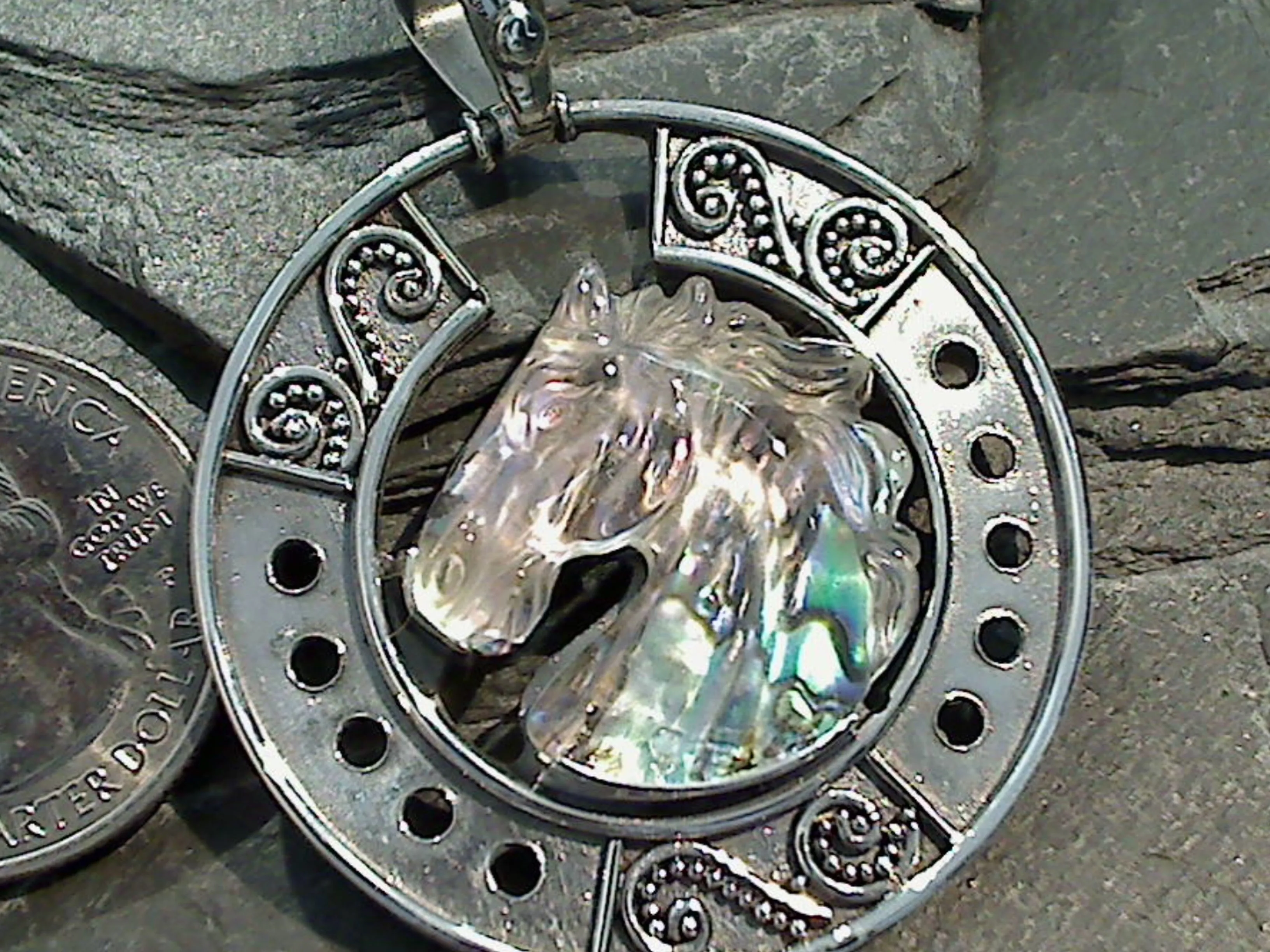 Quartz Over Abalone Doublet, Sterling Silver Large Horse Head Pendant