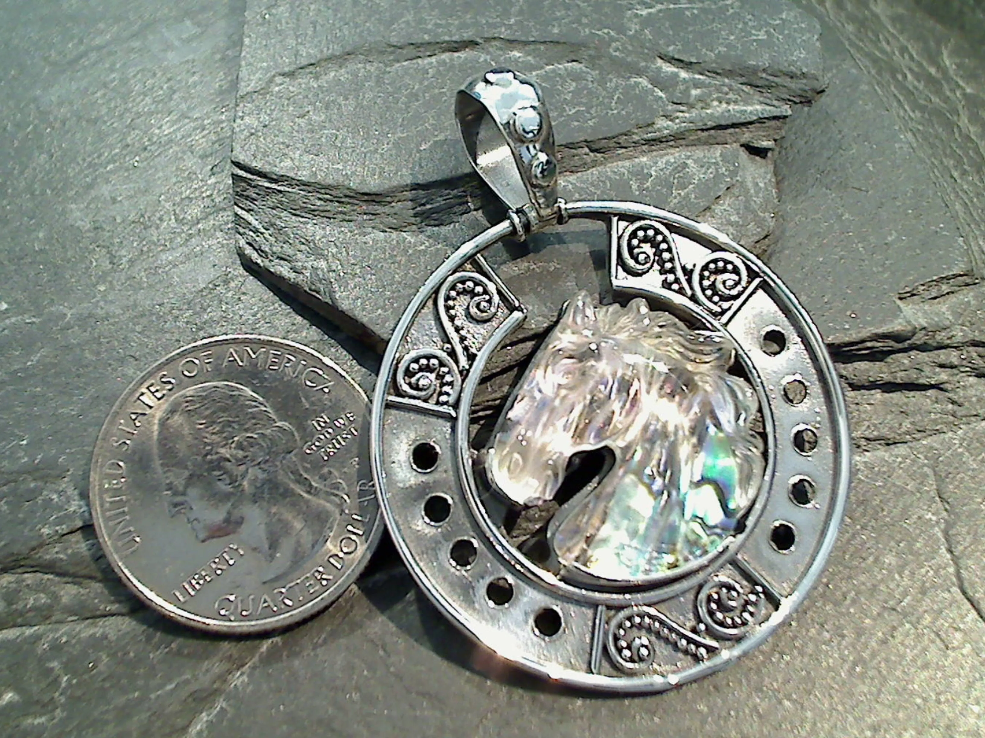 Quartz Over Abalone Doublet, Sterling Silver Large Horse Head Pendant