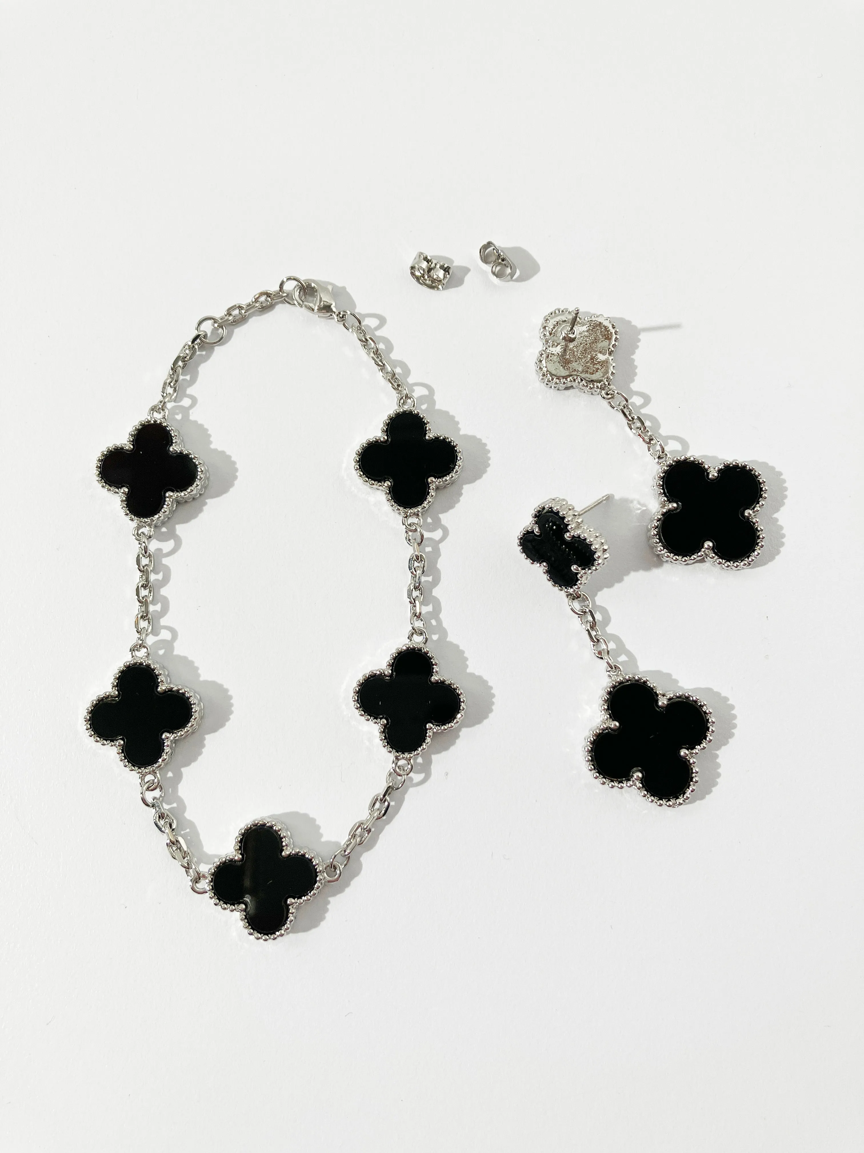 Quatrefoil Motif Silver and Onyx Demi Parure