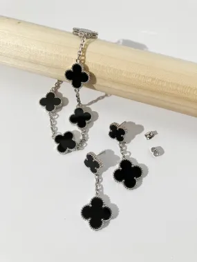 Quatrefoil Motif Silver and Onyx Demi Parure