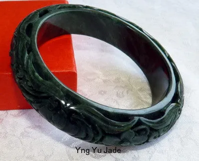 "Happiness and Satisfaction in Life" Deep Green "Black" Dynasty Style Carved Jade Bangle 62 mm  (DC118)