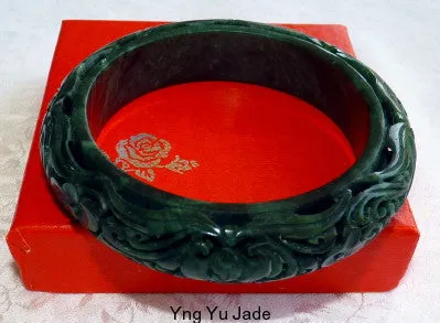 "Happiness and Satisfaction in Life" Deep Green "Black" Dynasty Style Carved Jade Bangle 62 mm  (DC118)