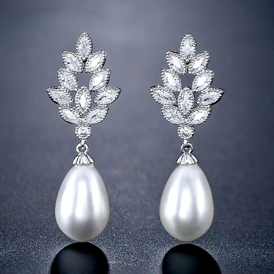 "Matilda" - Pearl and Cubic Zirconia Bridal Earrings - Available in Gold, Silver and Rose Gold