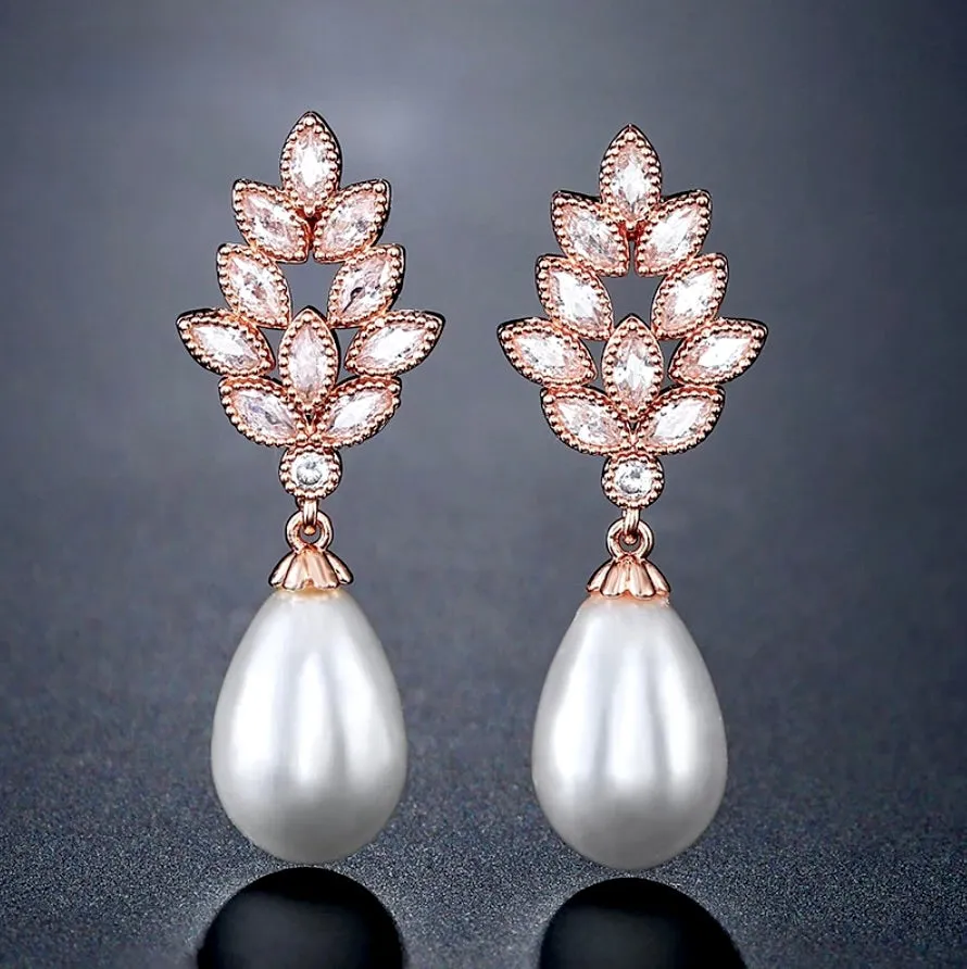 "Matilda" - Pearl and Cubic Zirconia Bridal Earrings - Available in Gold, Silver and Rose Gold