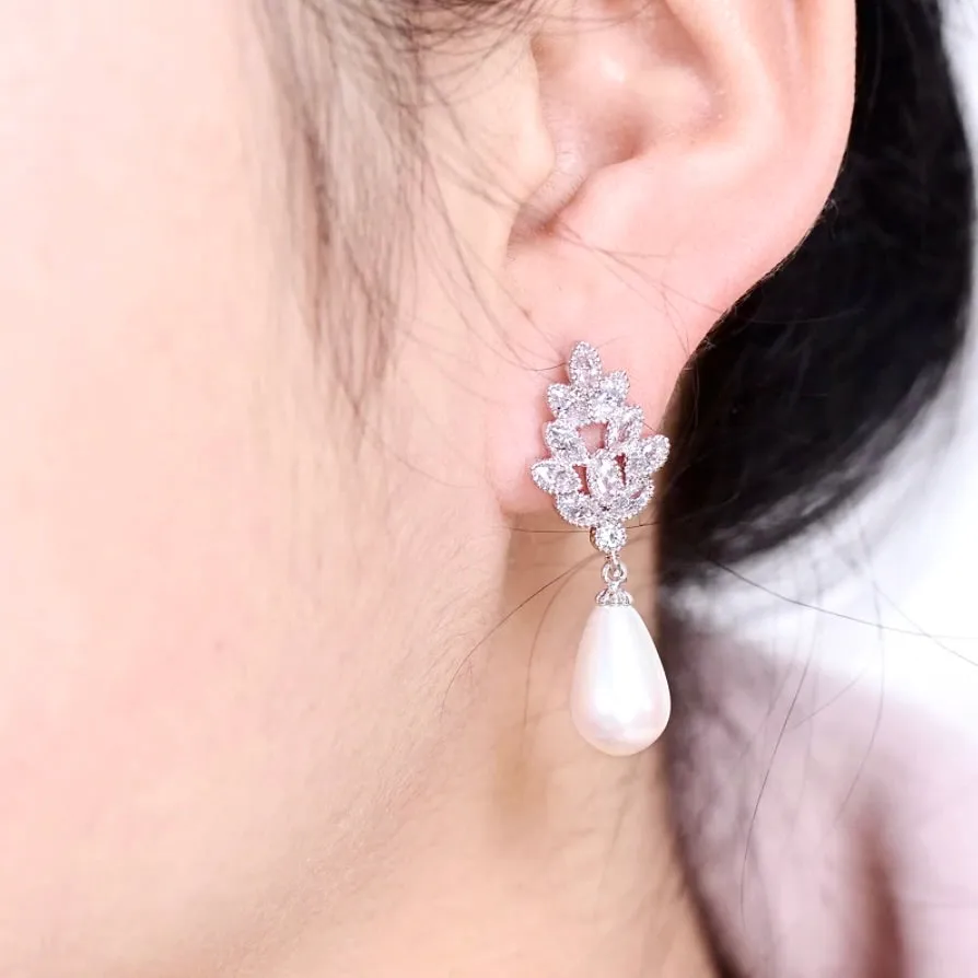 "Matilda" - Pearl and Cubic Zirconia Bridal Earrings - Available in Gold, Silver and Rose Gold