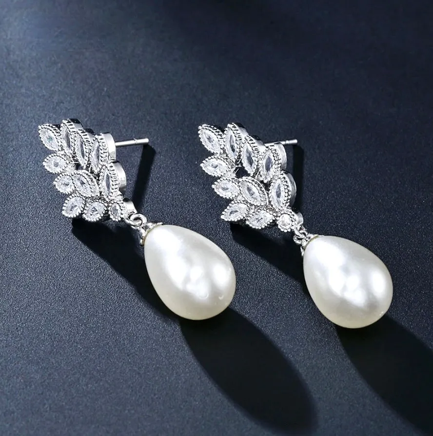 "Matilda" - Pearl and Cubic Zirconia Bridal Earrings - Available in Gold, Silver and Rose Gold