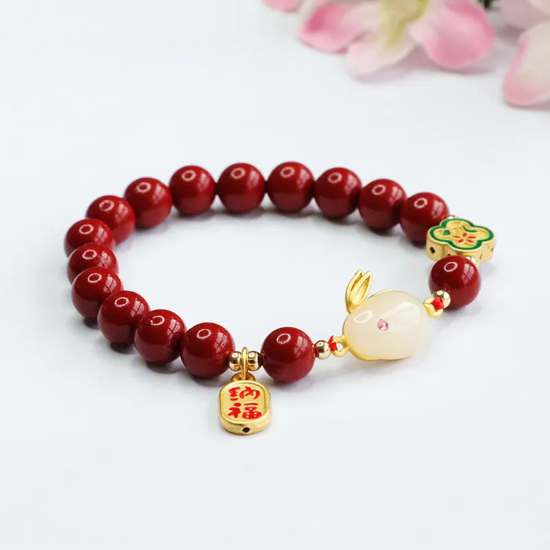 Rabbit Jade and Cinnabar Sterling Silver Bracelet