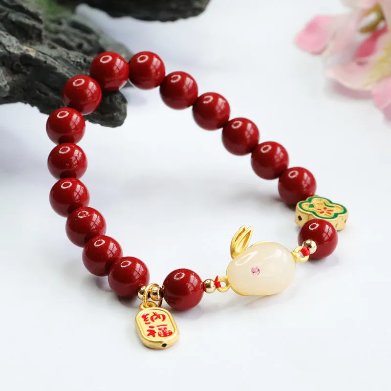 Rabbit Jade and Cinnabar Sterling Silver Bracelet