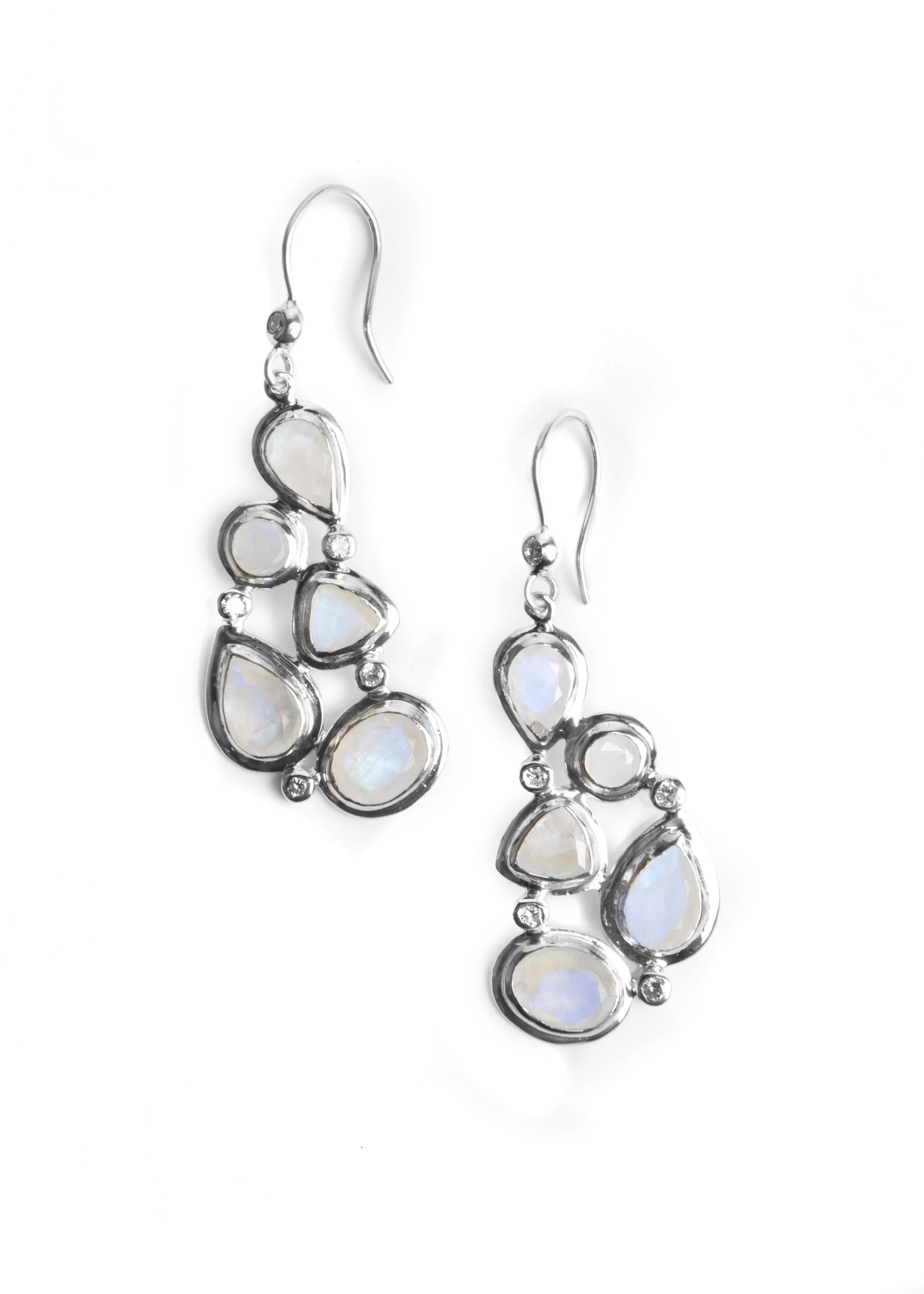 Rainbow Moonstone & Diamond Sterling Drop Earrings, Mosaic 5 Stone