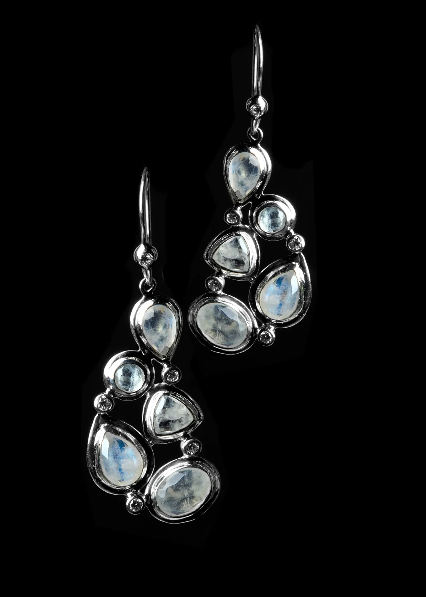 Rainbow Moonstone & Diamond Sterling Drop Earrings, Mosaic 5 Stone