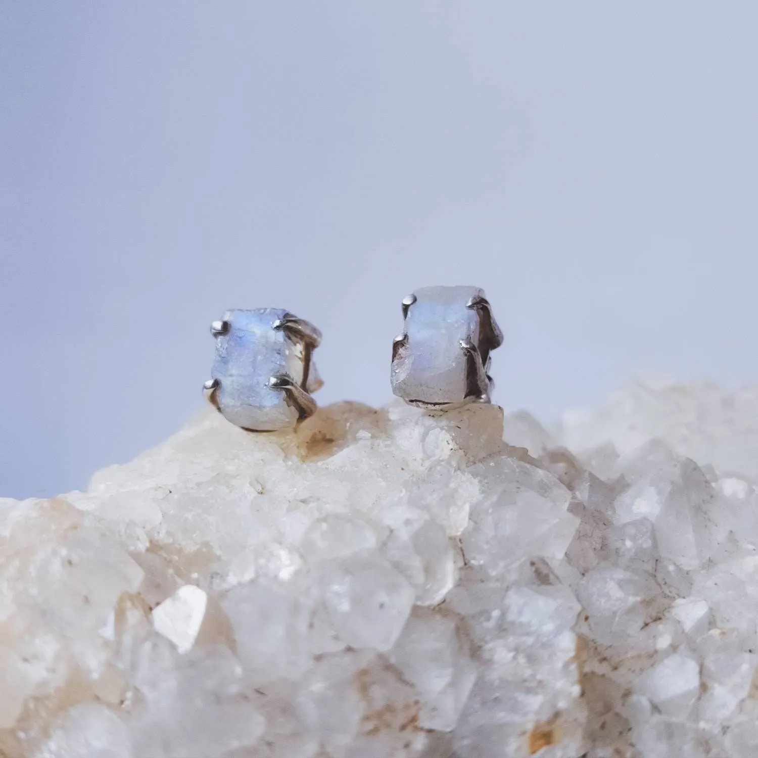 Raw Rainbow Moonstone Crystal Stud Earrings