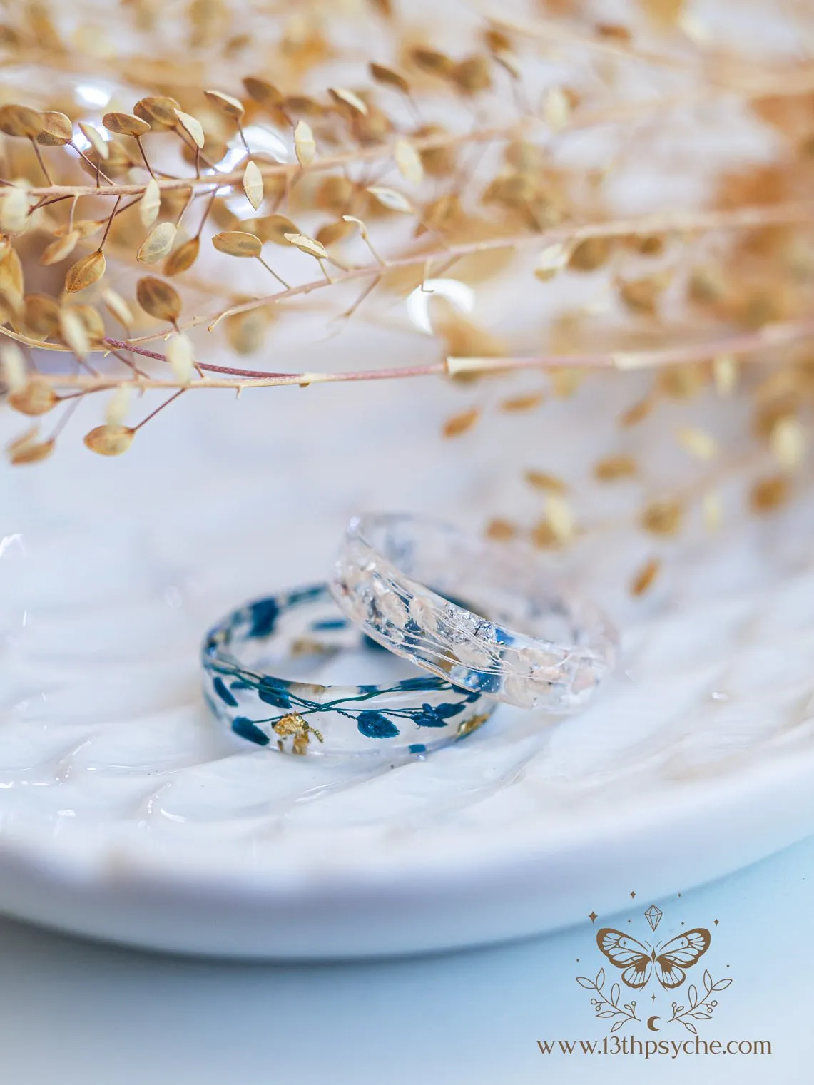 Real blue leaves resin ring with metal flakes