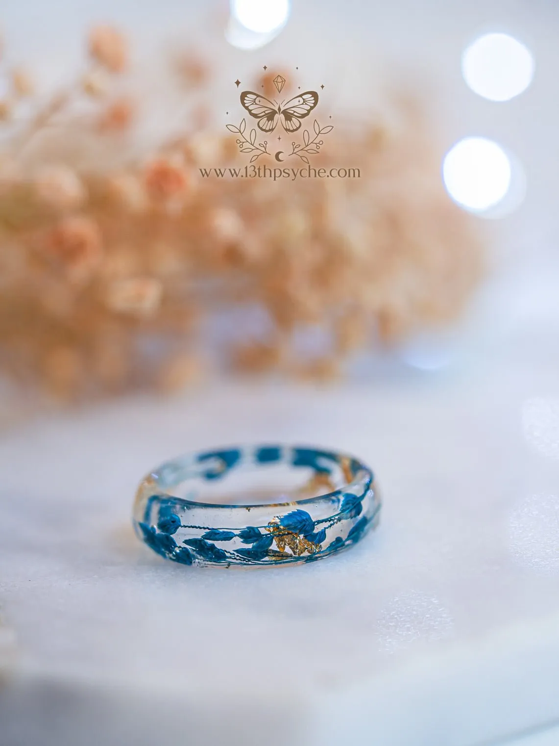 Real blue leaves resin ring with metal flakes