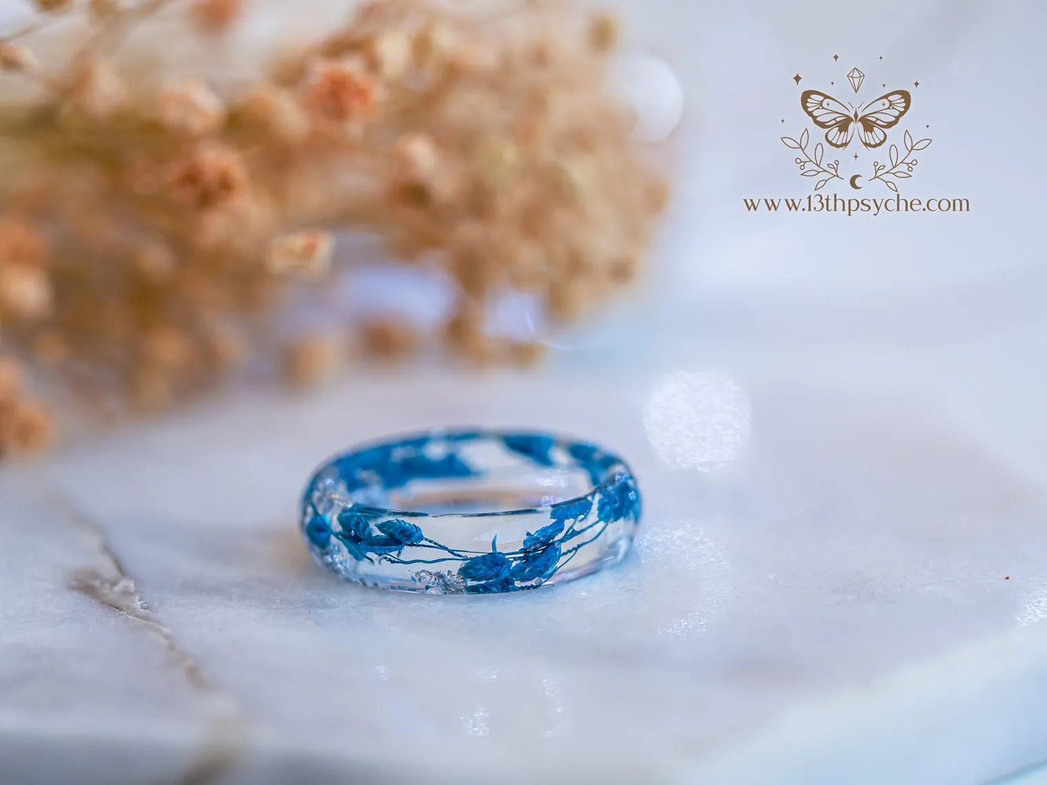 Real blue leaves resin ring with metal flakes