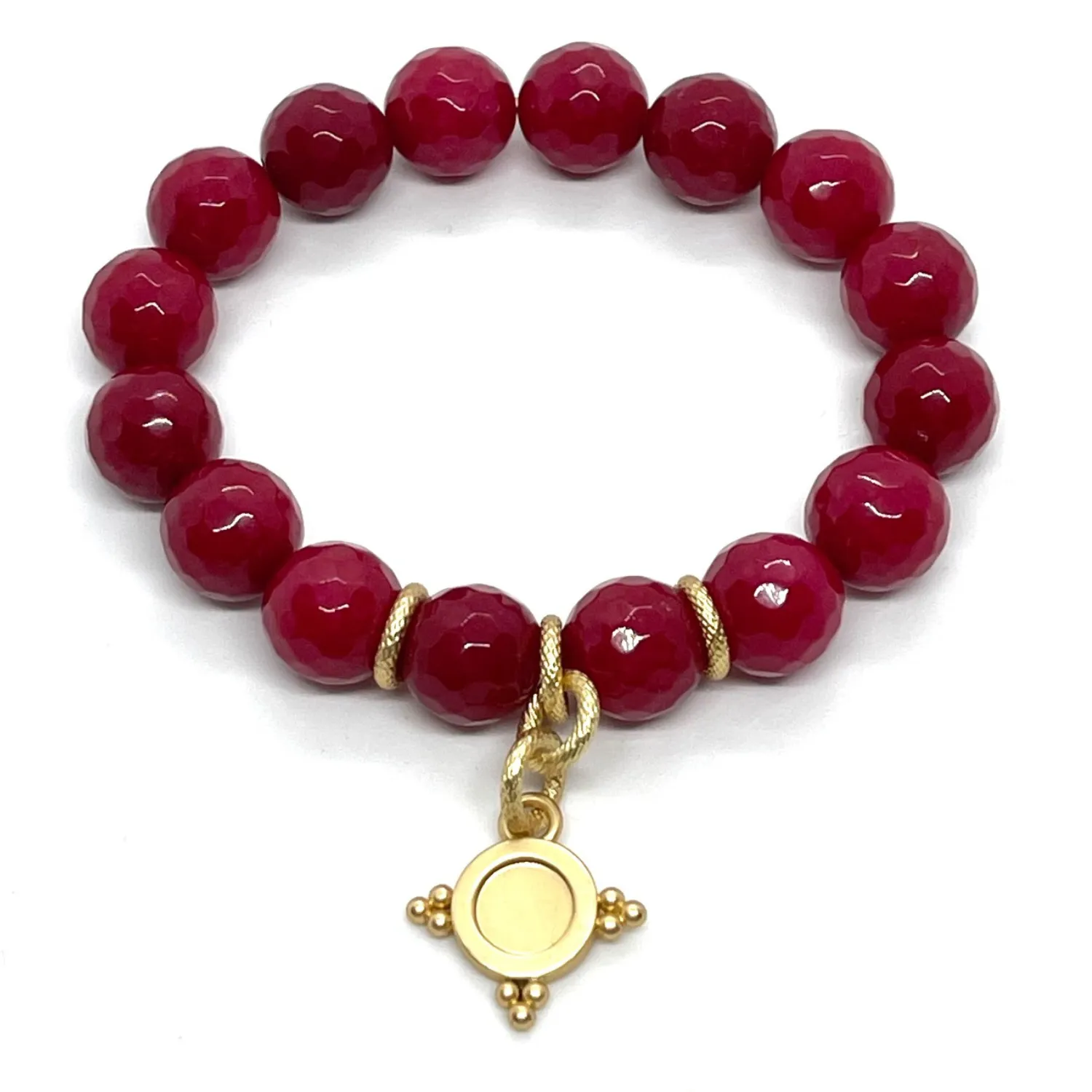 Red Jade Stretch Bracelet With Matte Gold Starburst