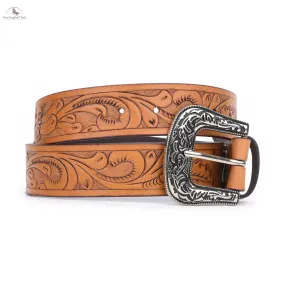 Resistance Floral Medium Brown Women's Cowgirl Cowboy Country Belt  With Floral Embossed Silver Buckle