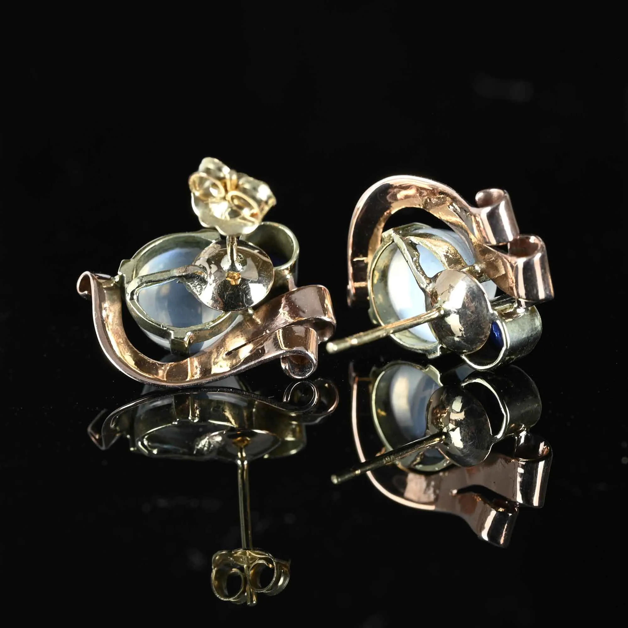 Retro 1940s Moonstone & Sapphire Earrings in 14K Gold